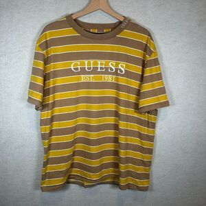 Guess Shirt Mens Large Brown Yellow Striped Logo Cotton Casual Streetwear